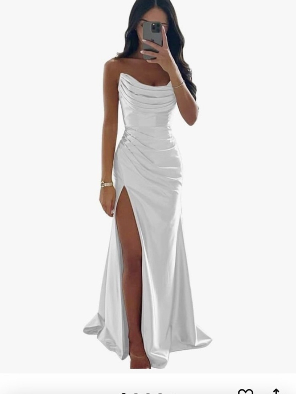 Elegant White Strapless Ruched Evening Dress with High Slit